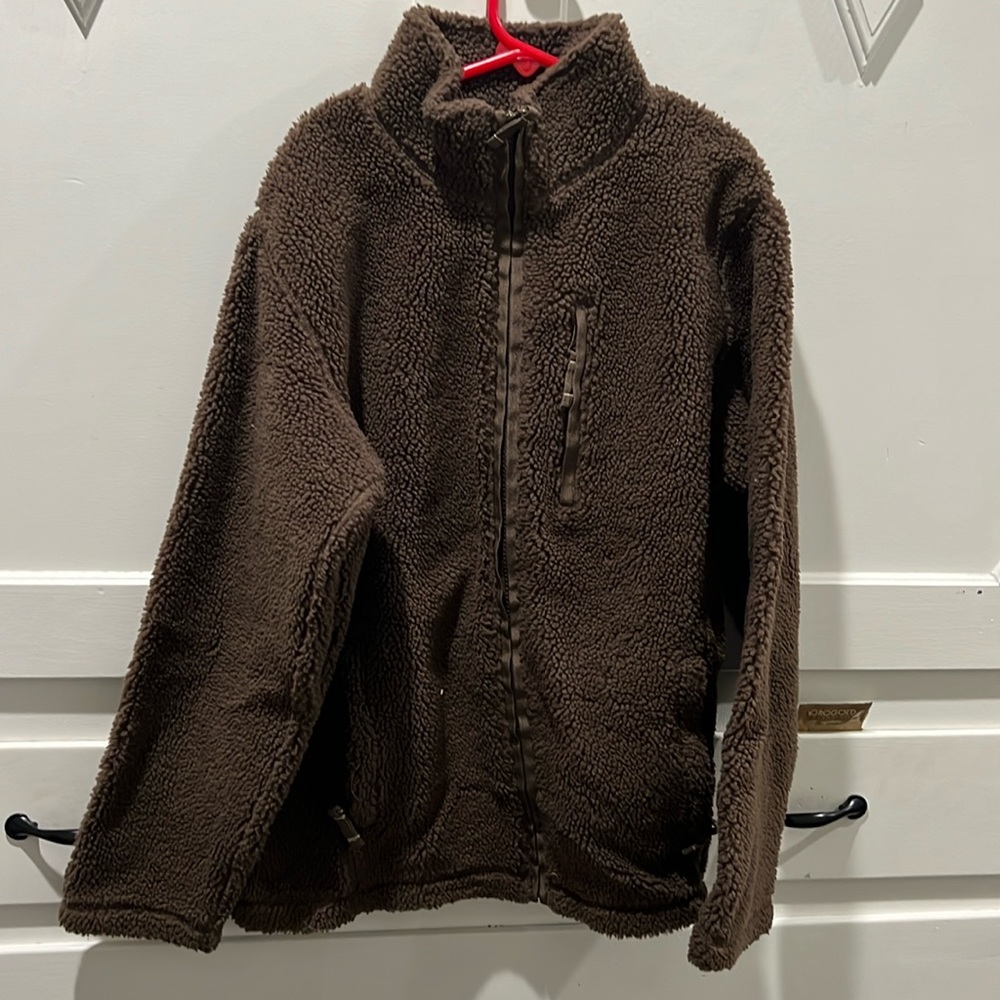 Lands End Boys Sherpa brown zip coat w/ 2 zip hand pockets and one zip chest